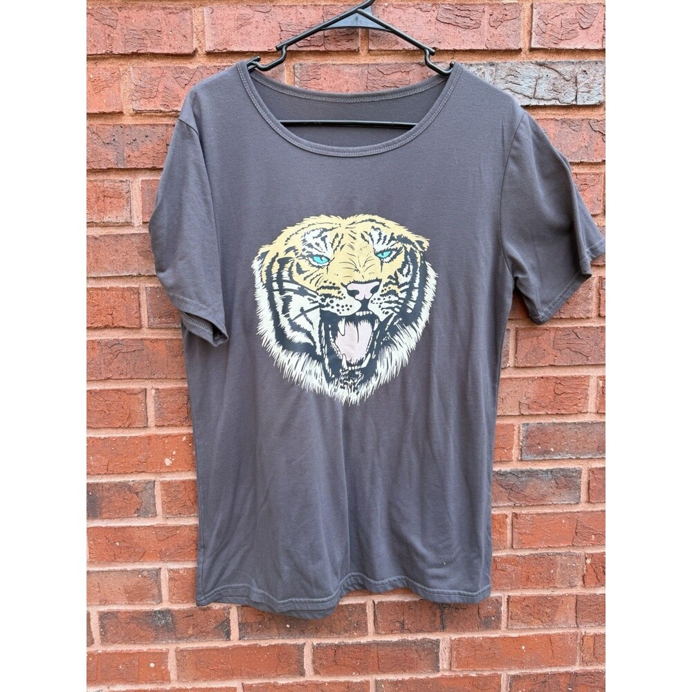 Women’s L XL Tiger Graphic T Shirt Charcoal Gray Scoop Neck Animal Print c26